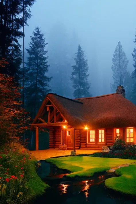 by (phse), Wide Angle color photo on Kodak Portra film, (Log Cabin:1.2) on a creek, (Turf Roof:1.4),Foggy, Night,Rock Garden, greece