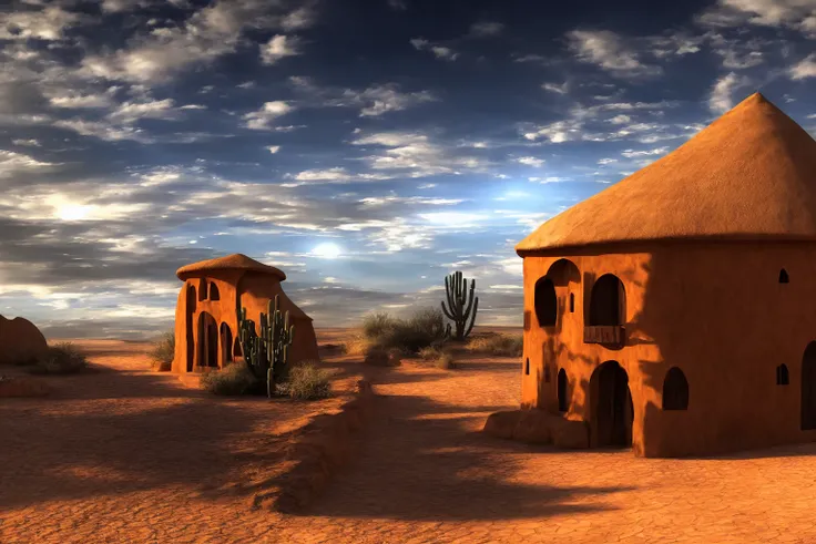 dreamlikeart house in the middle of the Sahara desert, wood trim, river, volumetric clouds, cactus, salte roof, by phse