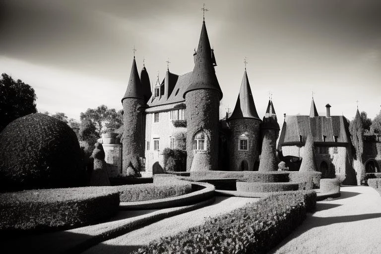 Panning Shot black and white photo on Agfa APX film, (Castle:1.2) on an island, (Turf Roof:1.4),Humid, Midnight,Topiary Garden, sweden,1800s