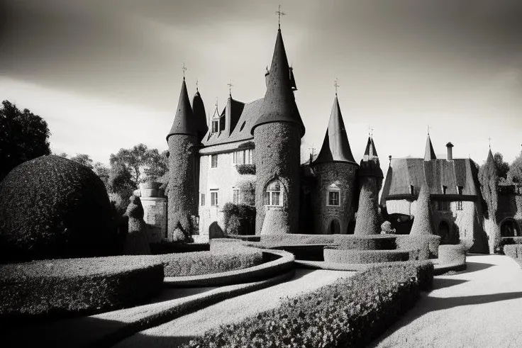 Panning Shot black and white photo on  Agfa APX  film, (Castle:1.2) on an island, (Turf Roof:1.4),Humid, Midnight,Topiary Garden, sweden,1800s