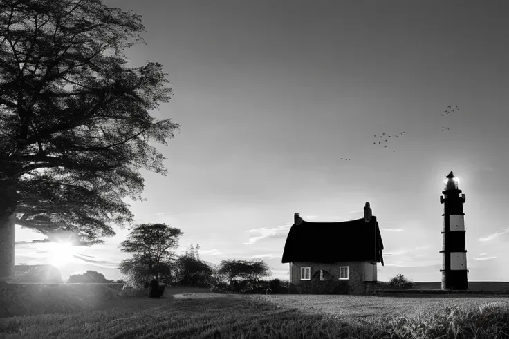 by (((phse))), Wide Angle black and white photo on Kodak T-Max film, (light house:1.2) on an island, (Log Roof:1.4),Hailing, Sunset,Kitchen Garden, italy