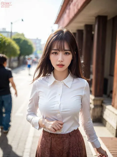 A Japanese milf, 1 girl, Big breasts, Slender figure, Realistic teeth, double eyelids, mini skirt, standing, guide, full-length, show someone around, business casual