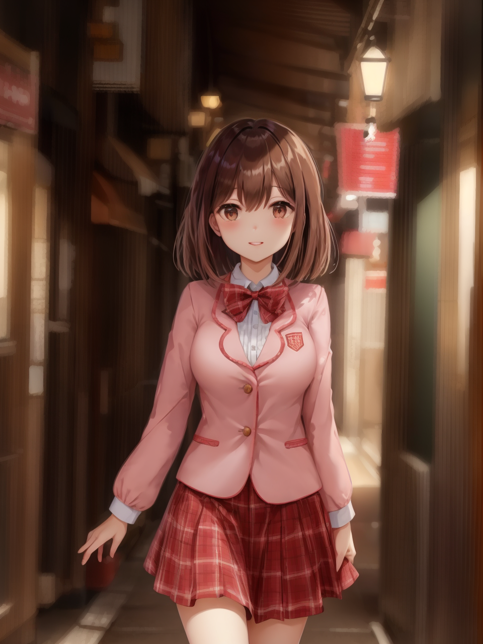 A woman in a pink jacket and red skirt walking down a hallway - SeaArt AI