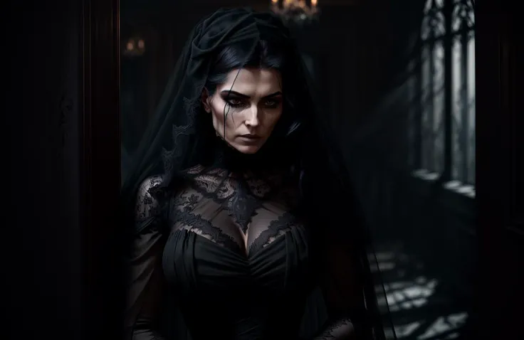 A woman in a black dress and veil standing in a dark room - SeaArt AI