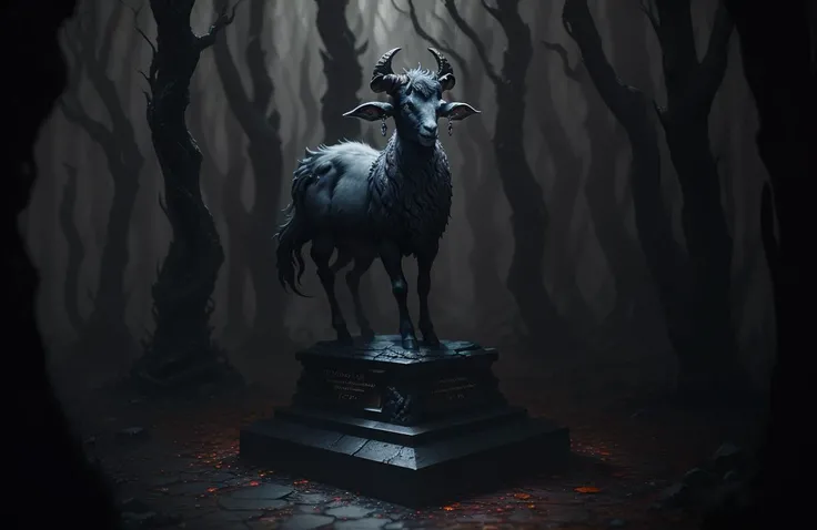 award winning photo, masterpiece, best quality, evil (black stone goat statue:1.3), Style-Cupola, Style-LostTemple, in deep (forest:1.5), baphomet, sinister, evil, blood, plants in foreground, shallow depth of field by lee jeffries nikon d850 film stock photograph 4 kodak portra 400 camera f1.6 lens rich colors hyper realistic lifelike texture dramatic lighting unreal engine trending on artstation cinestill 80