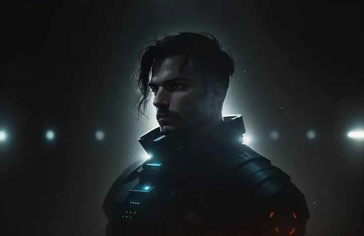 award winning (portrait photo:1.4) of a rugged dark science fiction space marine with robotic joints, middle aged male, Style-Cupola, electronic circuits, flashing control panel in foreground, science fiction, action, dark, tools on floor in background, backlighting, (shallow depth of field:1.5), by lee jeffries nikon d850 film stock photograph 4 kodak portra 400 camera f1.6 lens rich colors hyper realistic lifelike texture dramatic lighting unreal engine trending on artstation cinestill 800 (vignette:1.3), filmgrain