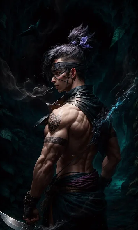 a profesional picture of 1man Slytherin, the Unseen Ninja was a shadow in the night, a master of stealth and deception. His dark indigo ninja garb was lined with a flexible, metallic weave that could deflect blades and projectiles. His face was hidden behind a sleek, black mask with slits for his eyes, enhancing his already acute night vision. His body was lean and sinewy, the result of years of rigorous training in the art of ninjutsu. His hair was a raven black, cut in a severe, practical style that would not impede his movements. His hands were adorned with fingerless gloves, allowing him to grip and handle his ninja tools with ease. A pair of kunai knives were strapped to his thighs, and a bow with a quiver of arrows was slung over his back, ready for combat or silent assassination. BREAK, realistic, perfect quality, best quality, ultrasharp, ultradetailed, perfect quality, masterpiece, intricated details, <lora:add_detail:0.4>, punk, <hypernet:sxzBloom_sxzBloom:0.3>, AS-YoungerV2 < <lora:splashes_v.1.1:0.5> Splash, splashes, splashing, explosion, exploding <lora:Smoke:0.3> smoke, smokkk, colorfull cyan, hotify, vivid colors