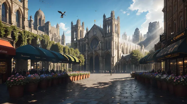hyper realistic unrealengine,raw photo, ultrarealistic, 8k, cityscape, street,daytime, shops,futuristic, vanising point, busy street, cafe shop, large flower pots,stone ornate pavement,arches, few people, cathedral, trees, birds, god rays, detailed shadows, mountains