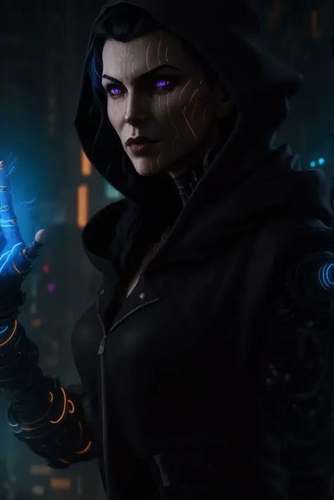 <lora:LilianaV3:0.7>, liliana vess, black hair, facial mark, black hoodie, hacker, cyberpunk, mechanical arms, mechanical eye, neon, cyborg,, masterpiece, best quality, highest quality, cinematic lighting,
