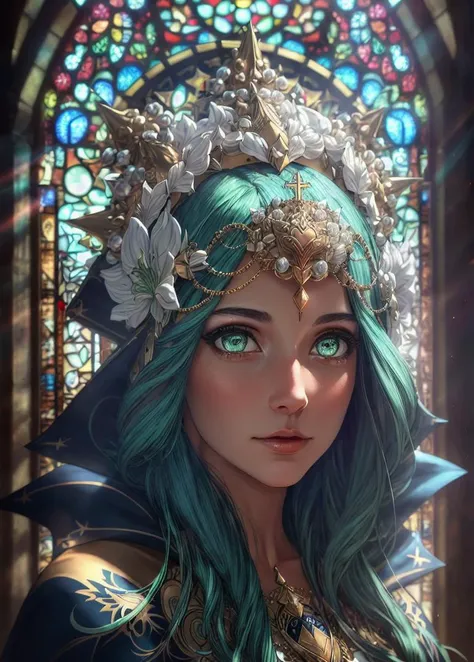 masterpiece, realistic, photorealistic, 1girl, rhea, headdress, white dress, blue cape, head flower, hair ornament, light green eyes, church, stained glass