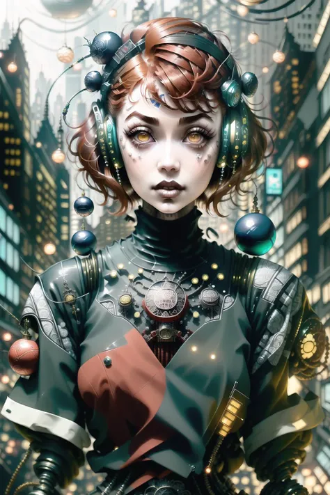 portrait, waist up, (((city , redhead, bobcut hair))), cybernetic augments, techwear, black and white, tattoo design, tim burton style, junji ito style, masterpiece, monochrome, manga, intricate details, intricate ornaments, gothic ornaments, intricate, detailed, extremely detailed , technoballx <lora:technoballx-000040:1>