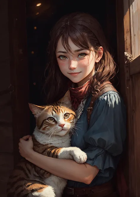 by Harriet Backer:1.0, perfect, award-winning, cinematic, illustration:1.1, cowboy_shot:1.5,
1girl, looking at viewer, beautiful face:1.15, Beautiful eyes, Skin blemish:1.2, light smile:0.6,
Hold the cat in your arms, outdoors,
