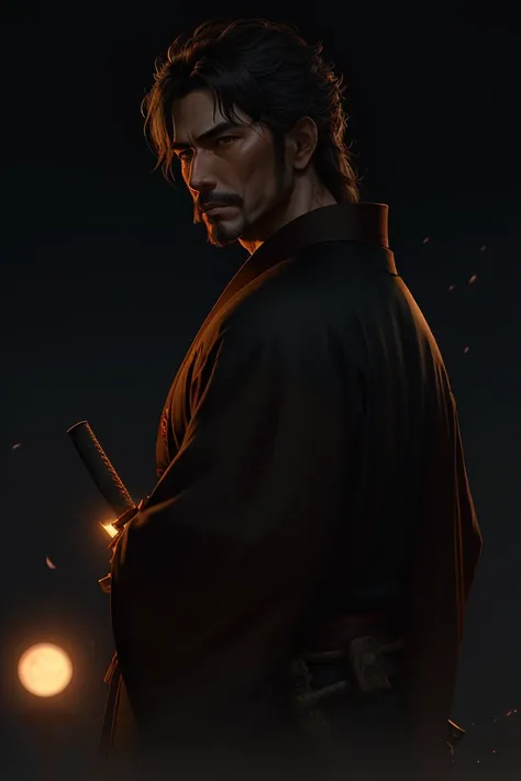 best quality, (wide shot), cgsociety, 8k, ultrarealistic, handsome male samurai, kimono, open field, night, moon Cinematic light, intricate detail, detailed facial features, high detail, sharp focus, smooth, aesthetic, extremely detailed, (by greg rutkowski:1), (by luis royo:1), by artgerm, Stephen Kasner, John Picacio