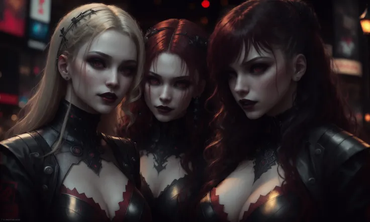intricate detail, A close-up photo of cyberpunk:.7 vampire:.2 goth women of different ages and sizes wearing various goth outfits and poses, glowing red eyes, glossy scarlet red lips, pale porcelain skin, long hair, short hair, brunette, redhead, blonde, laughing, staring angrily near a alcohol stall, (London Piccadilly circus), very detailed, Cinematic lighting, with volumetric rays and bloom effect, rain, (shallow depth of field:1.2), bokeh:1.2, sharp focus detail, dramatic lighting ,night time, photorealistic digital art trending on Artstation 8k HD high definition detailed realistic