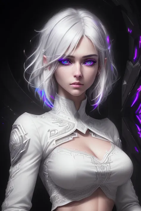 highres, highest quallity, illustration, cinematic light, ultra detailed, detailed face, (detailed eyes), best quality, hyper detailed, masterpiece, (detailed face), white hair, purple eyes, highest details, luminous eyes, medium breats, black halo, white clothes, backlighting, (midriff:1.4), light rays, (high contrast), (colorful),