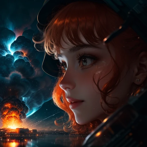 analog Cinematic film still closeup photograph of womans eyes reflecting the image of one large illuminated nuclear blast with shockwave and mushroom cloud by emb-nuke2 and a woman with orange curly hair holding a detonator, 1girl, (looking directly at viewer), hyper-realistic, explosion, colorgraded, mushroom cloud, reflection, dramatic, volumetric lighting, volumetric fog, moist, glistening skin, reflections, vfx, long hair, (beauty512 | Portrait512), Style-Glass