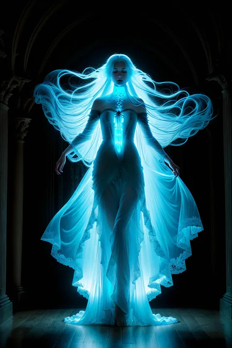 ((medium close shot)), ((Beautiful ghost woman)), ((long flowing hair)), (translucent), (transparent glowing blue), (ethereal), (otherworldly), (in medieval torn and ragged dress flowing), (barefoot), (floats in the air), inside the corridors of an ancient detailed well appointed castle ballroom, (floating), (dark interior), particle effects, (dynamic pose), (good composition), (subtle lighting), (award winning), (breathtaking), (masterpiece),