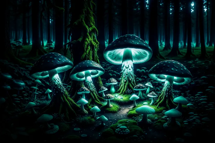 close-up, fantasy punk, engraving, forest, ethereal, magic, (nighttime), (dark), glowing symbols, glowing mushrooms, statue, glowing moss, (high contrast),