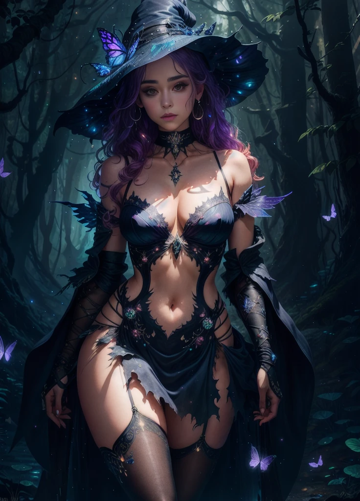 sexy full shot body photo of the most beautiful artwork in the world, illustration, cinematic light, fantasy, highres, highest quallity, ultra detailed, best quality, masterpiece, (detailed face), sexy mature woman wears a shirt and (torn) fullbody (transparent galaxy) cloths coat, floating cloth, choker, glowing (elder underworld fantasy) forest plants with neon details, open shoulders, tiny glowing butterfly, hair jewery, wearing a torn witch hat, (focus on body:1.25), night, small mutated animals in background, torn mini skirt ,a potion on hip, shoulder pads emitting magic energy, cameltoe, dark, light reflection