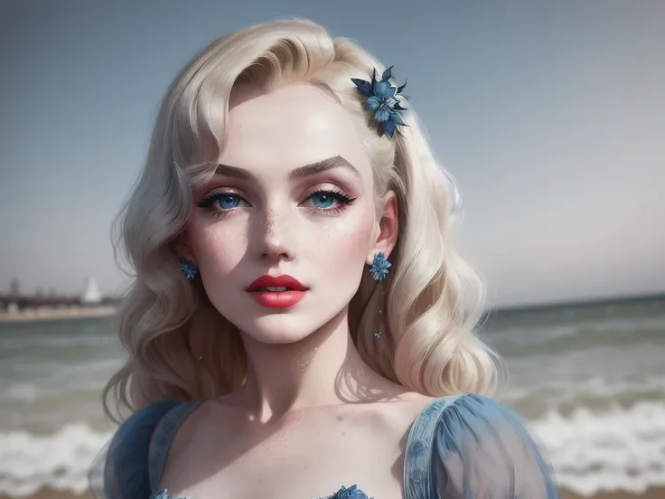 closeup (photo) of a variety of debutante|bridal|goth, (Veronica Lake)|(Elle Fanning:.5)|(Marilyn Monroe) woman of (different varied poses), long hair, light freckles and pale shimmery skin, (glowing blue eyes),stood on Brighton beach, (shallow depth of field), photorealistic digital art trending on Artstation by Aphonse Mucha, 8k HD high definition detailed realistic,