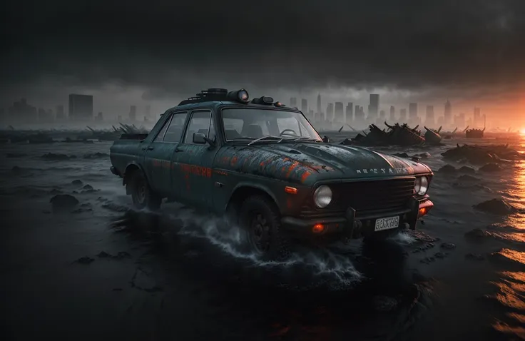 professional award winning photo, rescuer in (highly detailed:1.1) orange pressure suit, face fully covered with a sci-fi gas mask, half submerged in black mud, new york, post-apocalyptic ruined city after the atomic explosion, (a lot of overturned wrecked cars), construction garbage, realistic, sharp focus, 8k high definition, insanely detailed, intricate, elegant, on winter day, by lee jeffries nikon d850 film stock photograph 4 kodak portra 400 camera f1.6 lens rich colors hyper realistic lifelike texture dramatic lighting unreal engine trending on artstation cinestill 800, deep shadow, black, Style-Cupola, (cinematic:1.3)