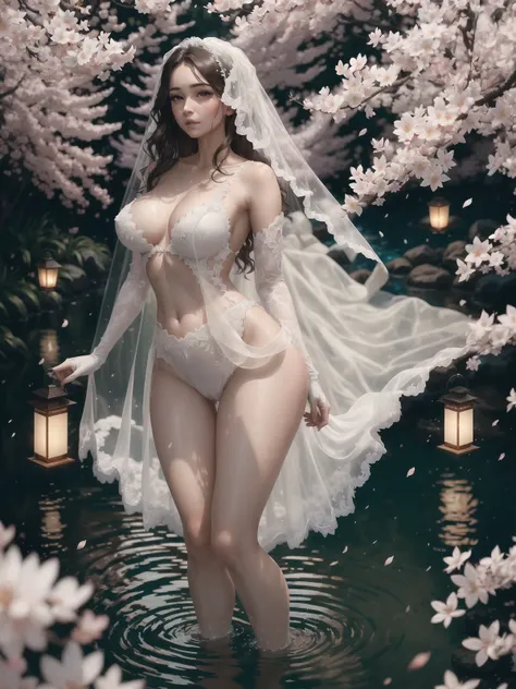 masterpiece, highest quality, solo focus, (skimpy:1.04), (short:1.15) and (curvy) woman with (perfect skin:1.11) and (small breasts:1.1), full body, (cameltoe:1.1), high angle and (white wedding veil), ((see-through:0.6) white wedding dress), bridal gloves, (perfect face:1.1) intricate (high detail:1.1) body, covered navel, covered nipples, eyes up, lips, submerged in water, clear water, flower bed with lanterns in the background, lush forest, (leaves on water:1.0), falling sakura blossoms, butterflies, fireflies, by lee jeffries nikon d850 film stock photograph 4 kodak portra 400 camera f1.6 lens rich colors hyper realistic lifelike texture dramatic lighting unrealengine trending on artstation cinestill 800