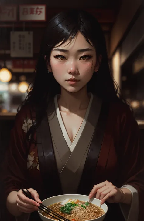 award winning portrait photo, face focus, stunning Japanese woman, beautiful ((ramen shop)), professional majestic impressionism oil painting by Waterhouse, John Constable, Ed Blinkey, Atey Ghailan, Studio Ghibli, by Jeremy Mann, Greg Manchess, Antonio Moro, trending on ArtStation, trending on CGSociety, Intricate, High Detail, dramatic, makoto shinkai kyoto, trending on artstation, trending on CGsociety, deep shadow, high contrast