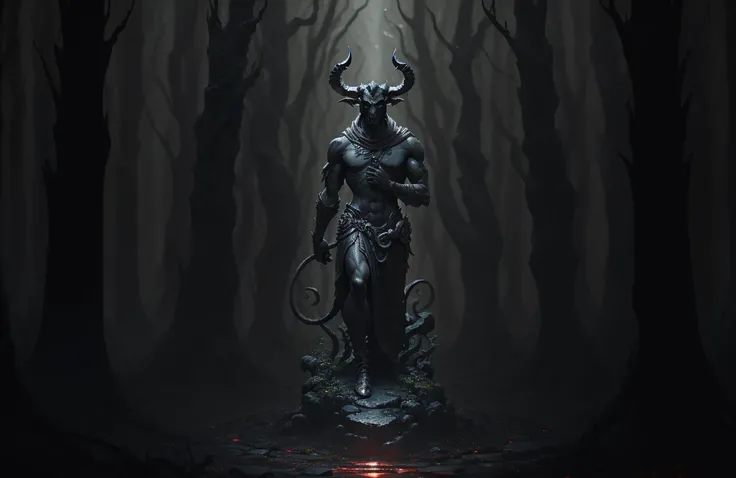 award winning photo, masterpiece, best quality, evil (black stone goatman statue:1.3), Style-Cupola, Style-LostTemple, in deep (forest:1.5), baphomet, sinister, evil, blood, plants in foreground, shallow depth of field by lee jeffries nikon d850 film stock photograph 4 kodak portra 400 camera f1.6 lens rich colors hyper realistic lifelike texture dramatic lighting unreal engine trending on artstation cinestill 80