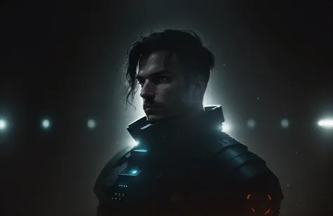 award winning (portrait photo:1.4) of a rugged dark science fiction space marine with robotic joints, middle aged male, Style-Cupola, electronic circuits, flashing control panel in foreground, science fiction, action, dark, tools on floor in background, backlighting, (shallow depth of field:1.5), by lee jeffries nikon d850 film stock photograph 4 kodak portra 400 camera f1.6 lens rich colors hyper realistic lifelike texture dramatic lighting unreal engine trending on artstation cinestill 800 (vignette:1.3), filmgrain