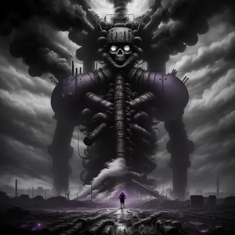 Voivod, dark purple and black dystopian industrial landscape,
Stupendous flaking fume,
Tremendous dancing doom,
Smoke stack spill,
Momentous reeking ooze,
Enormous creaking crew,
Vapour-ville,
Neuro-link dementing,
Limbo-Inc. Amnesia