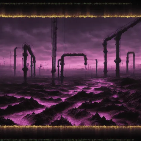 Voivod, dark purple and black dystopian industrial landscape,
Thriving with vigor
Incessant loom
An assumed order
Auspicious tool
Frantically flow
Spumous sediment
Remedied, neurotic fuse
