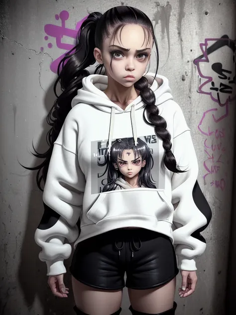 beautiful woman, girl, (mila kunis:0.3), (alyssa milano:0.7), short pants, long knee high boots, long oversized white hoodie, colorful hoodie, super long hoodie, anime, manga, sharp focus, 8k high definition, insanely detailed, intricate, ultra detailed, thick eyeliner, full body, ponytail, cinematic light, dark hair, in the sewer, dirty, water, graffiti on the walls, tough girl, gangster, cute, angry look, <lora:koreanDollLikeness_v15:0.4>