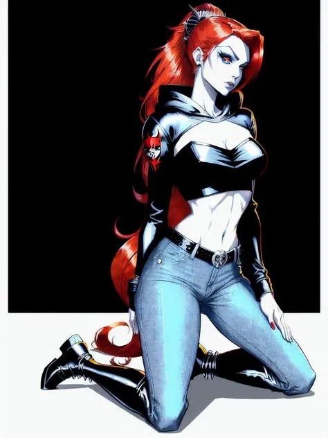 beautiful woman, skinny jeans, full body, kneeling, leather boots, red hair, disney, little mermaid, ariel, ponytail, big hair, sharp focus, 4k, white croptop hoodie, small boobs,  flat chest, 1 girl in frame, geisha, joker, white face, pale, thick eyeliner, emo, goth, cartoon, anime, manga