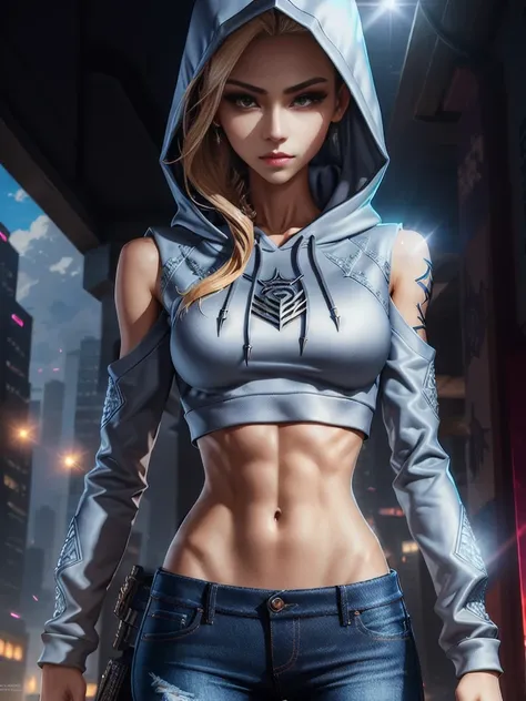 beautiful photoshop style model, croptop hoodie, skinny jeans, outside, sharp focus, 8k high definition, insanely detailed, intricate, elegant, young adult, anime, cartoon, cinematic light, creative