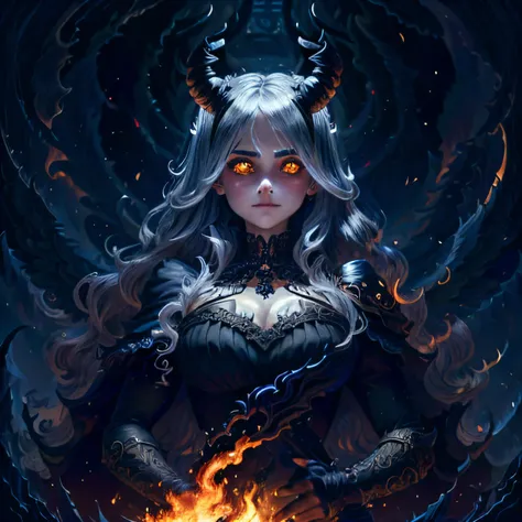 1girl, adult, devil horns, long silver hair, frowning, perfect accurate beautiful eyes, perfectly formed cute nose, best quality, <lora:gothicNoirStyle_gothicNoir:0.3>, dark cave background, fire, big hips, heavy thighs