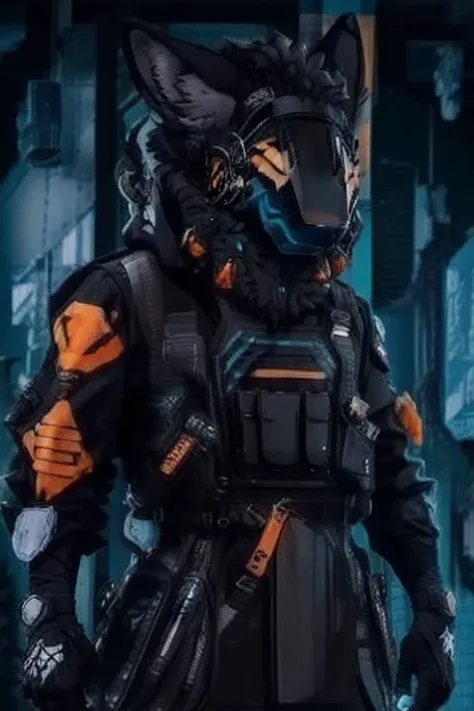 protogen, (protogen face:1.1), (protogen visor:1.1) .<lora:protogenLora_protogenV2Medium:1>, orange, black, dark gray, real fur. glosy fur, <lora:urbanSamuraiClothing_urbansamuraiV03:1>, <lora:middleFingerLORA_midfingv1:1>, middle finger, fuck you, mad, techwear jacket, black gloves, tactical vest, with buckle and tape