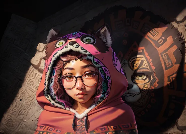 masterpiece, realistic, photo realistic, 1girl, Mayan, feathers  headdress, (eagle head pelt hood,:1.3) colorful dress, head flower,  hair ornament, light brown eyes, Mayan pyramid with codex on a wall  <hypernet:By bad artist -neg:1>  