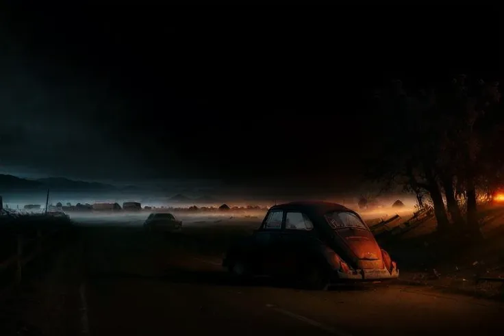 analog gloomy photo of a (dark red) Volkswagen Beetle car, <lora:vwb33tl3:1>, ((three quarter view)), (dark sunset), driving on a dirt road, (dilapidated town), 1969, ((horror movie)), slasher film, texas chainsaw massacre, amish cult, film grain, retro,  High Detail, Sharp focus, ((photorealism)), realistic, best quality, 8k, award winning, dramatic lighting, epic, cinematic, masterpiece, ambient fog:1.4,