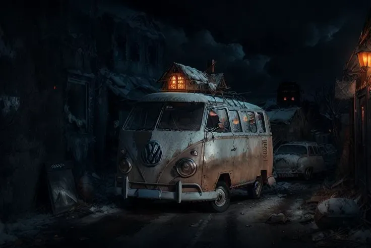 analog gloomy photo of an (orange) volkswagen kombi, <lora:vwk0mb1:1>, ((haunted house:1.0)), (walking dead:1.0), zombie apocalypse, (abandoned town at (midnight)), (full moon), (winter), (snow), ((horror movie)), ((nighttime)), lost in the wood, ruins, dilapidated buildings, High Detail, Sharp focus, (photorealism), realistic, best quality, 8k, award winning, dramatic lighting, epic, cinematic, masterpiece, rim light, ambient fog:1.5, dutch angle,
