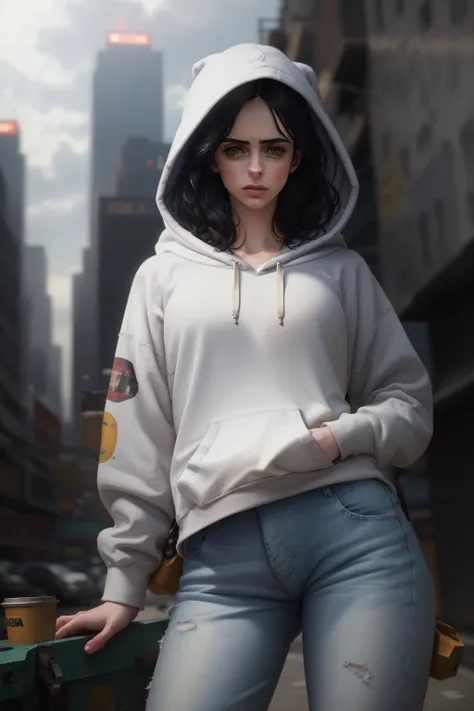 8k, best quality, real picture, intricate details, ultra-detailed, ultra highres, depth field,(photorealistic,realistic:1.2), masterpiece,photo of 1girl, jessicajones, arms on hips, realistic, grey hoodie, jeans, black hair, lips, long hair, solo, ruined city background by lee jeffries, nikon d850, film stock, photograph 4 kodak portra 400 camera f1.6 lens, rich colors, hyper realistic, lifelike texture, dramatic lighting, unreal engine, trending on artstation, cinestill 800 <lora:JessicaJonesV2:1>