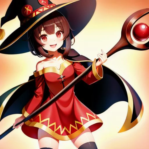 konosuba, megumin, ((1girl,solo)),short girl ,blush , red eyes, looking at viewer , red dress, witch hat , black hair , thighhighs, bandaged leg ,smile ,cape ,collarbone ,open mouth ,bare shoulders ,off shoulder ,holding staff, off-shoulder dress <lora:megumin_v3:0.6>
