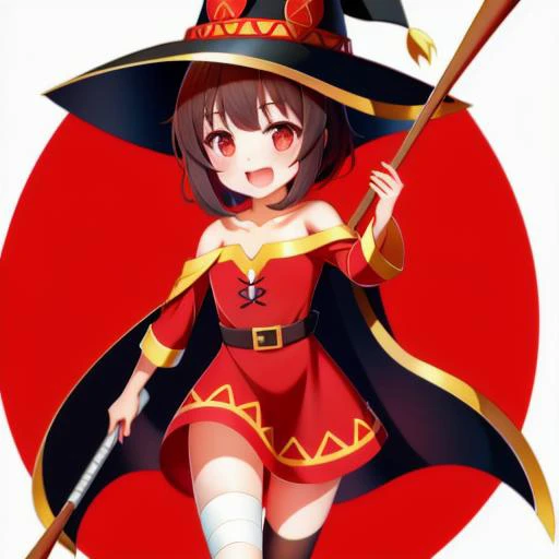 konosuba, megumin, ((1girl,solo)),short girl ,blush , red eyes, looking at viewer , red dress, witch hat , black hair , thighhighs, bandaged leg ,smile ,cape ,collarbone ,open mouth ,bare shoulders ,off shoulder ,holding staff, off-shoulder dress <lora:megumin_v3:0.6>