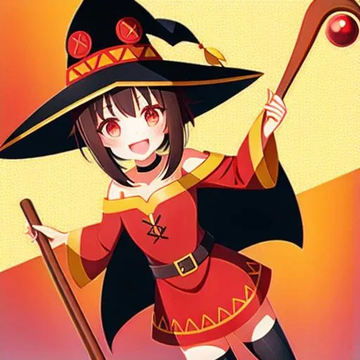 konosuba, megumin, ((1girl,solo)),short girl ,blush , red eyes, looking at viewer , red dress, witch hat , black hair , thighhighs, bandaged leg ,smile ,cape ,collarbone ,open mouth ,bare shoulders ,off shoulder ,holding  staff,  off-shoulder dress  <lora:megumin_v3:0.6>