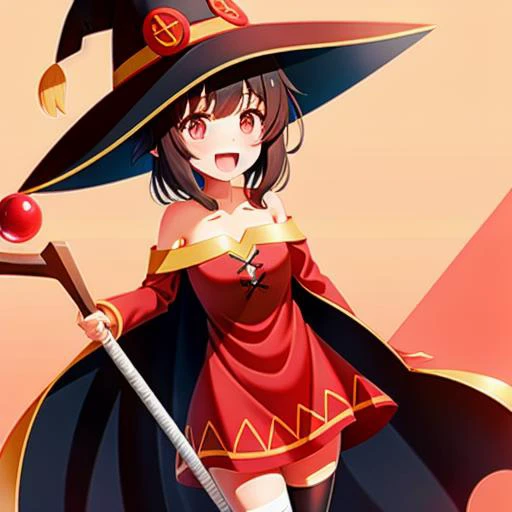 konosuba, megumin, ((1girl,solo)),short girl ,blush , red eyes, looking at viewer , red dress, witch hat , black hair , thighhighs, bandaged leg ,smile ,cape ,collarbone ,open mouth ,bare shoulders ,off shoulder ,holding staff, off-shoulder dress <lora:megumin_v3:0.6>