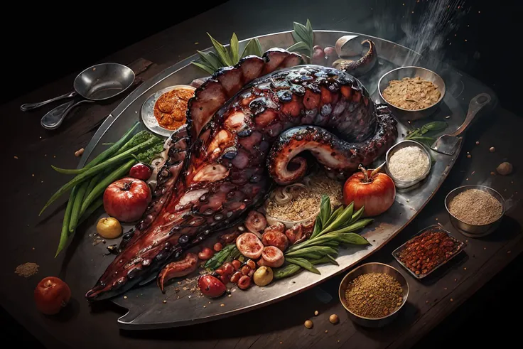((masterpiece:1.3,concept art,best quality)),nature morte,closeup shot of whole roasted octopus in noble fancifull arrangement,decorated with alien vegetables and alien seafood,chopping block,abundance,view from above,spices,juices,droplets,abstract steaming background,intricate detail,insane detail,(creepy,fantasy art),cinematic lighting,editorial photography,award winning illustration