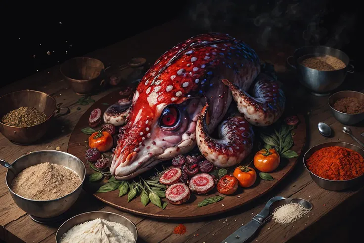 ((masterpiece:1.3,concept art,best quality)),nature morte,closeup shot of whole roasted octopus in noble fancifull arrangement,decorated with alien vegetables and alien seafood,chopping block,abundance,view from above,spices,juices,droplets,abstract steaming background,intricate detail,insane detail,(creepy,fantasy art),cinematic lighting,editorial photography,award winning illustration