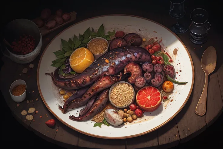 ((masterpiece:1.3,concept art,best quality)),nature morte,closeup shot of whole roasted octopus in noble fancifull arrangement,decorated with alien vegetables and alien seafood,chopping block,abundance,view from above,spices,juices,droplets,abstract steaming background,intricate detail,insane detail,(creepy,fantasy art),cinematic lighting,editorial photography,award winning illustration