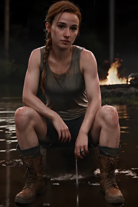 high quality high resolution image of <lora:TLOU2Abby:0.8> tlou2abby, fit,  brown hair, braid, face of  (kd3v3r:1.1), wearing a tanktop, wet hair, wet clothes, wet skin,
(at night:1.2), angry, raining, (heavy rain:1.2), lit by fire,  <lora:lora_blood_v1_from_v1_160:1> bloodyface, blood stains, shorts, combat boots
Style-DoF