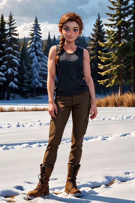 woman, TLOU2Abby,muscular, flat chest, brown hair, single braid, blue eyes, tank top, pants, boots, looking at viewer, smiling, standing, full body shot, outside, field, trees, winter, snow, overcast, high quality, masterpiece, <lora:TLOU2Abby:.7>