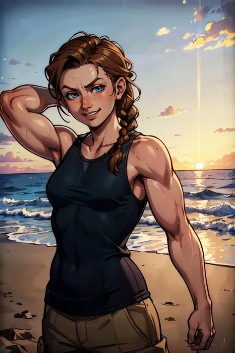 woman, TLOU2Abby,muscular, flat chest, brown hair, single braid, blue eyes, tank top, pants, looking at viewer, serious, grin, standing, medium shot, arm raised, flexing bicep, outside, beach, ocean, sunset, high quality, masterpiece, <lora:TLOU2Abby:.7>